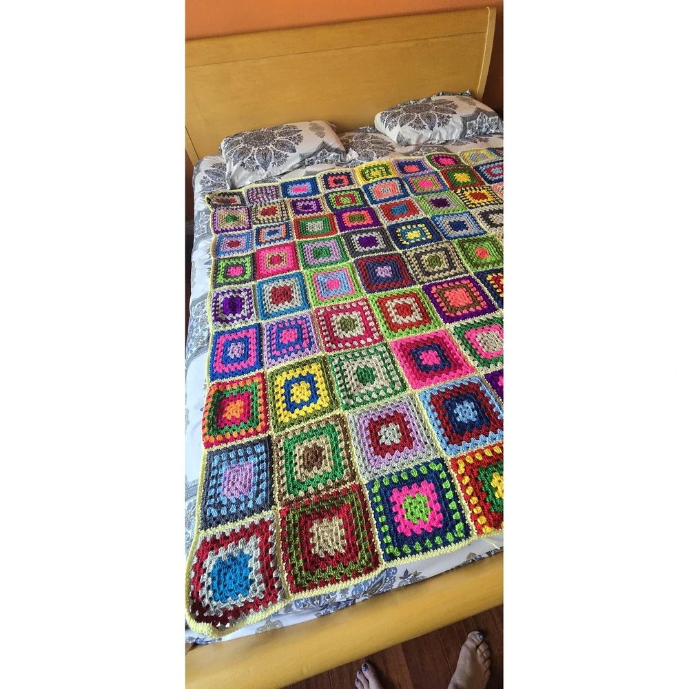Handmade granny square afghan crochet multi color blanket‎ cottagecore Farmhouse